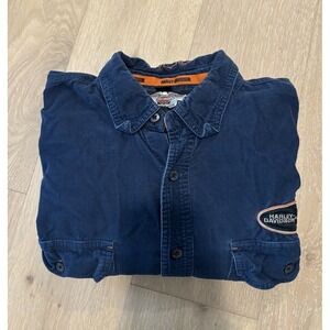 Harley Davidson Button Up Shirt Large Pocket Long Sleeve Blue Corduroy Mens